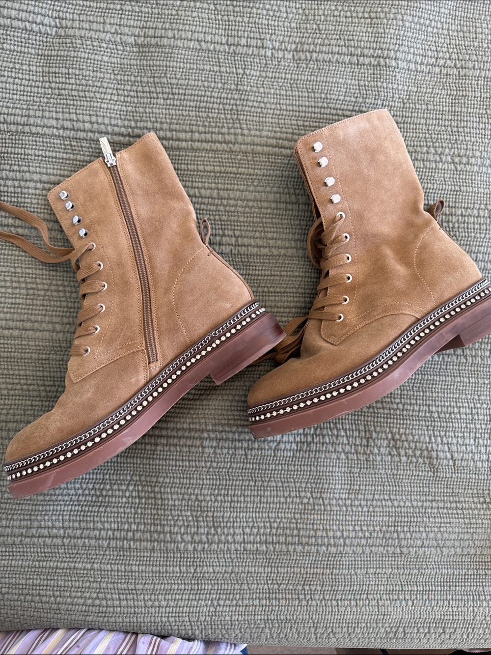 Women's Tan Suede Lace-Up Combat Boots with Studded Sole Vince Camuto.
